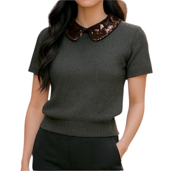 Tommy Hilfiger Sequin Peter Pan Short Sleeve Sweater Marble Gray Size XS - Picture 1 of 13